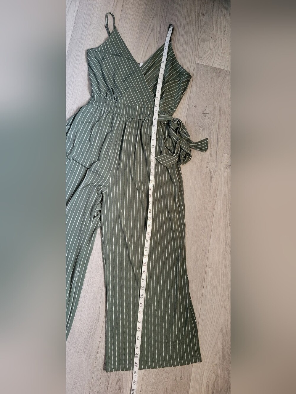 Kaileigh Rica Knit Crop Jumpsuit Olive Stripe V-Neck, Wide-Leg Sleeveless, Small - Picture 8 of 16
